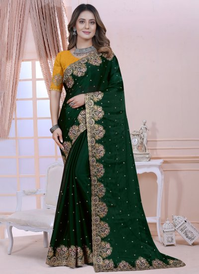 Satin Silk Zari Green Contemporary Saree