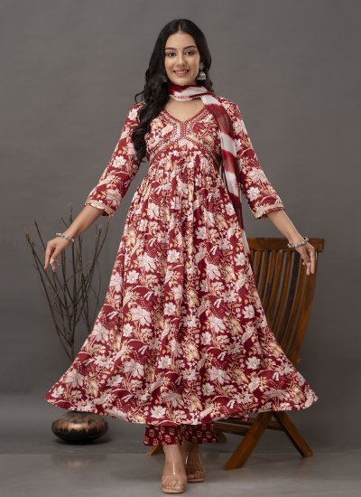 Savory Embroidered Maroon Rayon Readymade Anarkali Salwar Suit