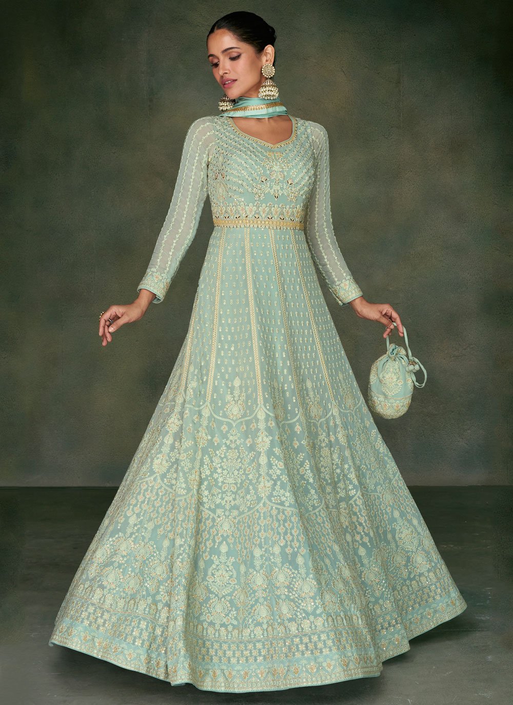 Sea Green Color Readymade Gown -