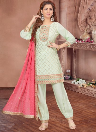 Sea Green Silk Embroidered Salwar Suit