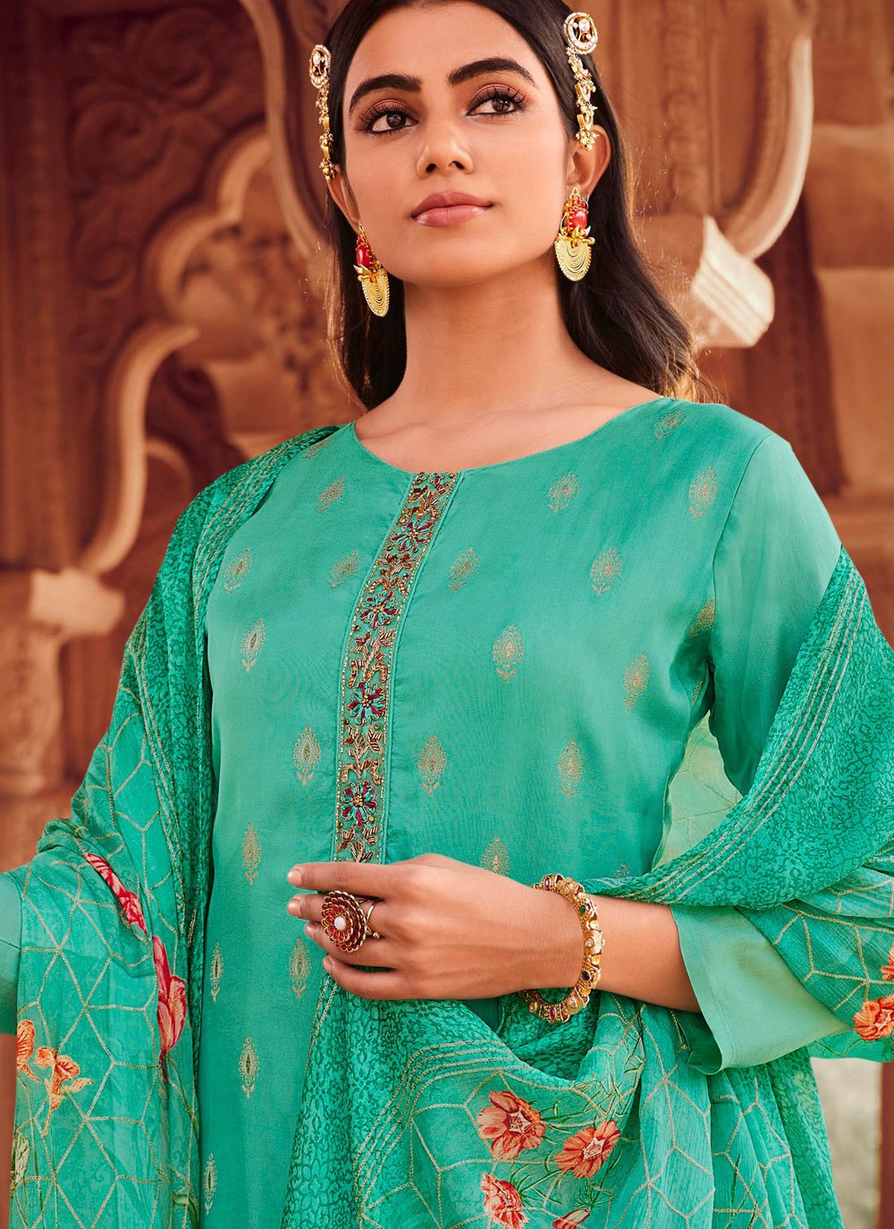 Sea Green Designer Readymade Pant Suit With Embroidery Work