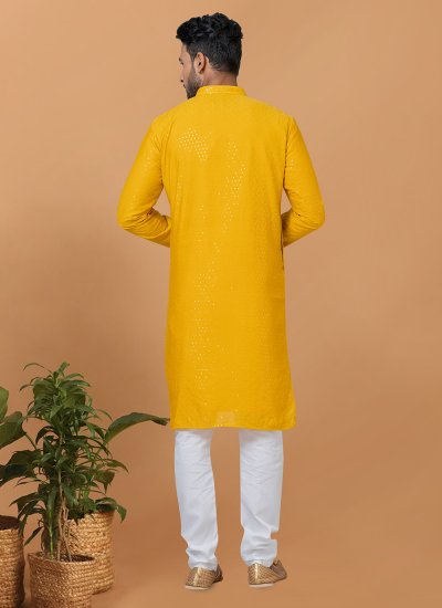 Sequins Cotton Kurta Pyjama in Yellow