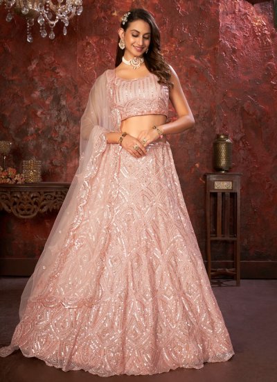 Sequins Net Designer Lehenga Choli in Rose Pink