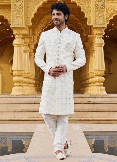 Sherwani Thread Work Art Silk in Cream