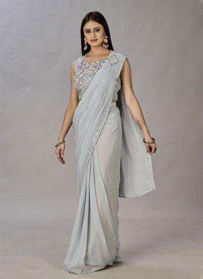 Shimmer Georgette Grey Embroidered Contemporary Style Saree