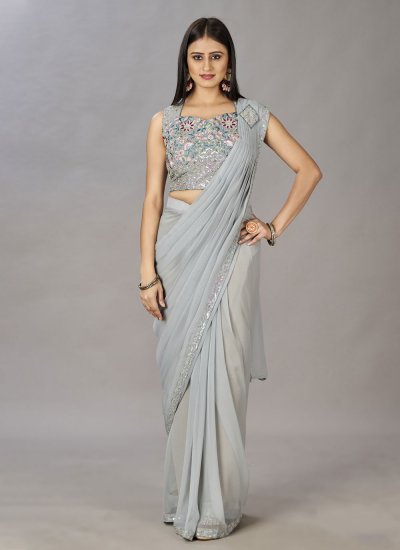 Shimmer Georgette Grey Embroidered Contemporary Style Saree