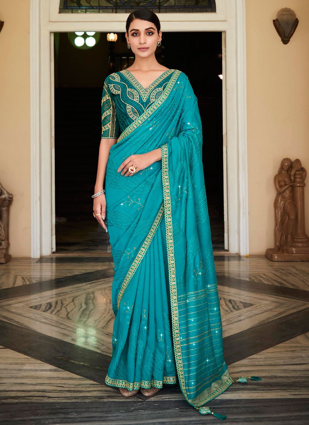 Buy Aqua Blue Color Saree Online