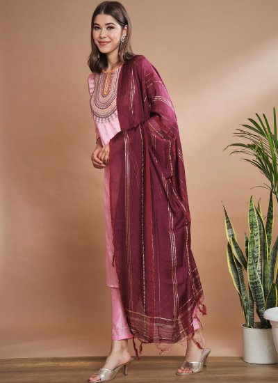 Silk Blend Embroidered Salwar Kameez in Rose Pink