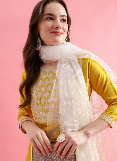 Silk Blend Embroidered Yellow Salwar Kameez