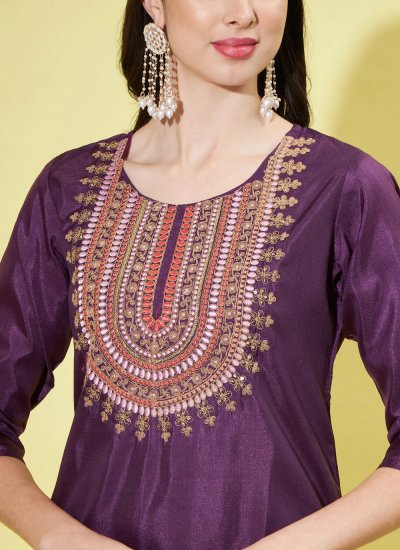 Silk Blend Purple Embroidered Pant Style Suit