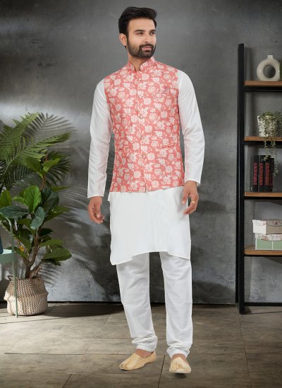 Silk Digital Print Pink and White Kurta Payjama With Jacket