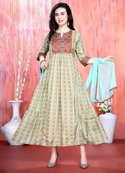 Silk Digital Print Readymade Salwar Suit in Green