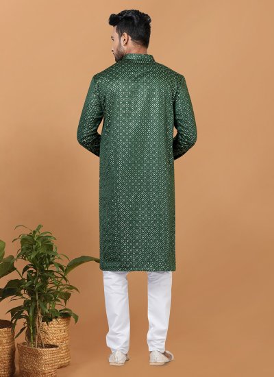 Silk Embroidered Kurta Pyjama in Green