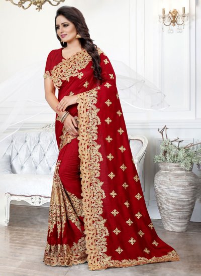 Silk Embroidered Red Contemporary Saree
