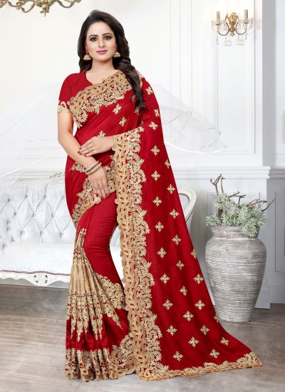 Silk Embroidered Red Contemporary Saree