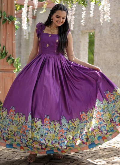 Silk Printed Purple Designer Gown