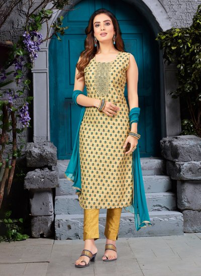 Silk Printed Readymade Salwar Suit in Mustard