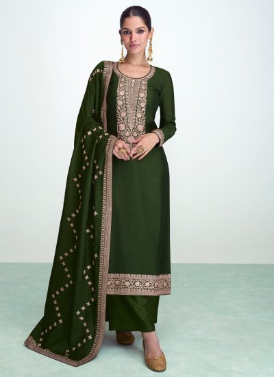 Silk Resham Palazzo Salwar Suit in Green