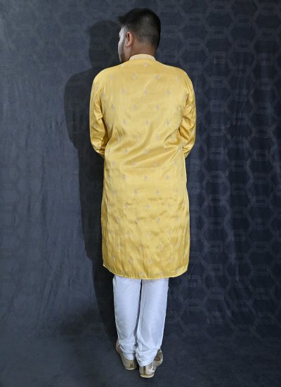 Silk Yellow Sequins Kurta Pyjama