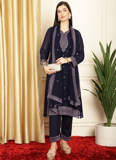 Snazzy Georgette Navy Blue Embroidered Salwar Suit