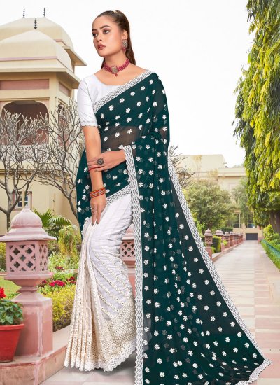 Sorcerous Rama and White Georgette Trendy Saree