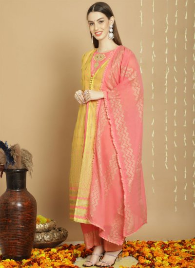 Sparkling Yellow Embroidered Trendy Salwar Suit