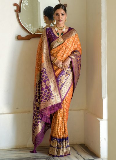 Specialised Banarasi Silk Orange Woven Saree