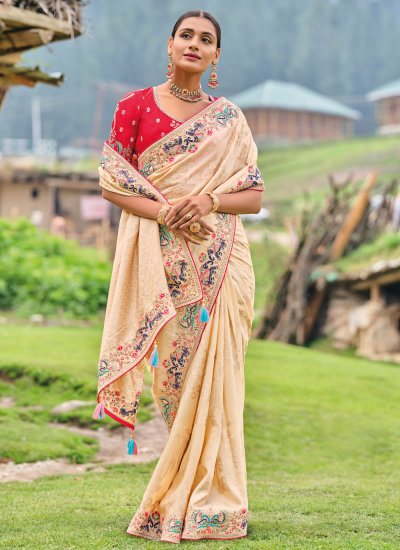 Splendid Silk Cream Embroidered Trendy Saree