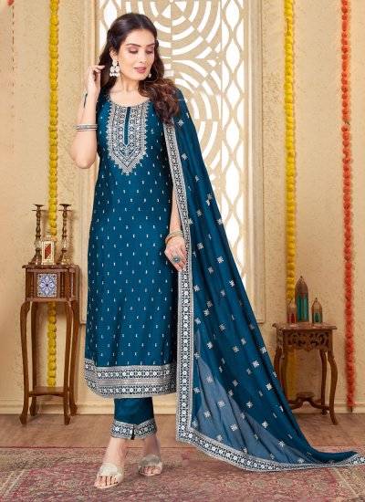 Staring Silk Blue Embroidered Trendy Salwar Kameez