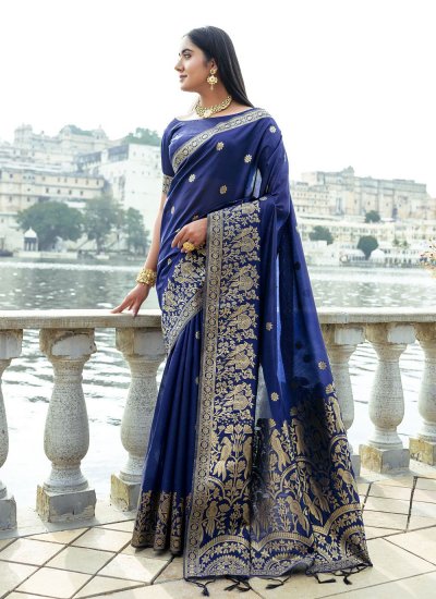 Stunning Navy Blue Woven Silk Contemporary Saree