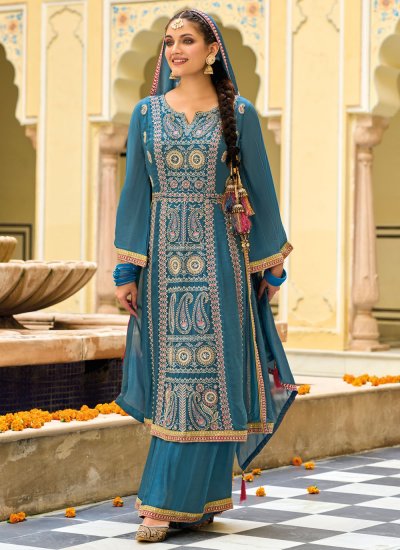 Stylish Resham Silk Blue Palazzo Salwar Kameez