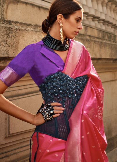 Stylish Weaving Handloom silk Pink Contemporary Saree