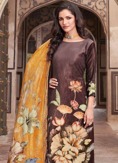 Subtle Brown Digital Print Velvet Salwar Suit