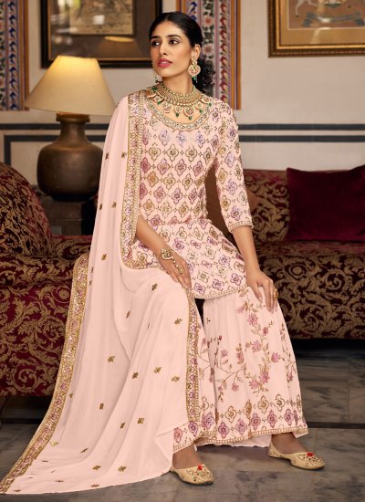 Surpassing Pink Embroidered Faux Georgette Salwar Suit