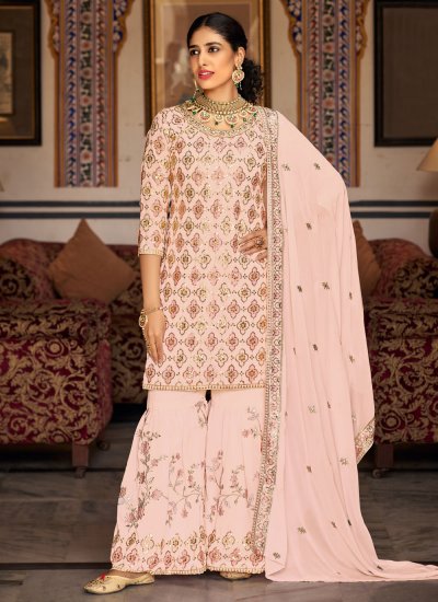 Surpassing Pink Embroidered Faux Georgette Salwar Suit