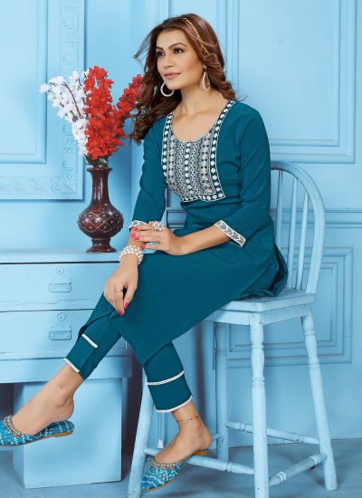 Teal Embroidered Festival Casual Kurti