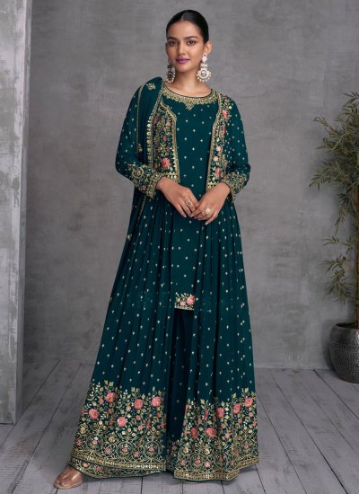 Teal Embroidered Readymade Salwar Suit