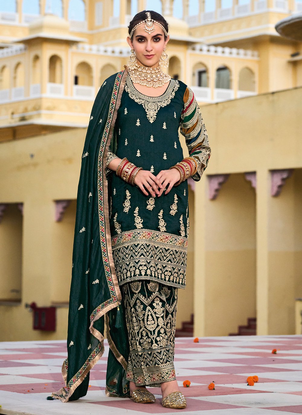 Teal Embroidered Wedding Palazzo Salwar Suit