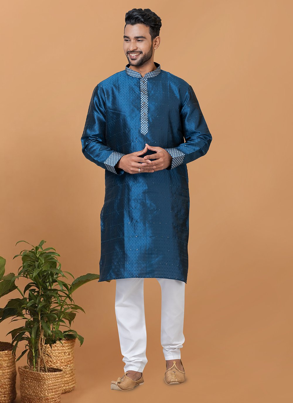 Men's Kurta Pajama for Mehndi in Silk Dark Olive Green MKPA04561