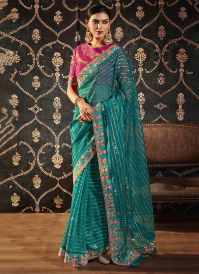 Teal Silk Embroidered Classic Saree