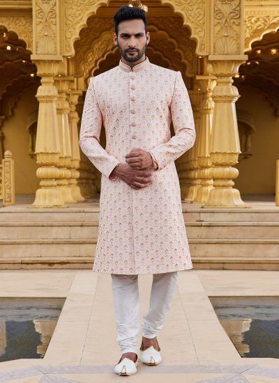 Thread Work Art Silk Sherwani in Peach