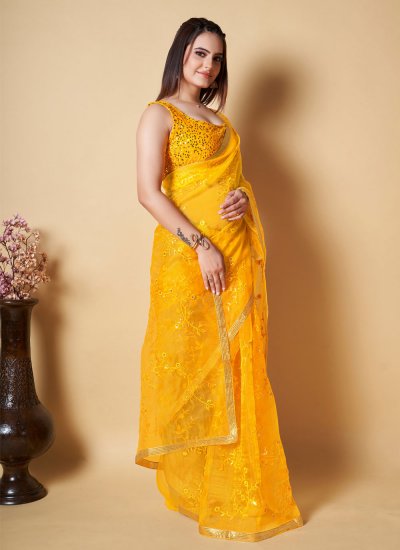 Thrilling Embroidered Organza Yellow Trendy Saree