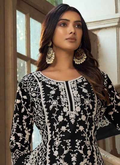 Titillating Resham Net Black Trendy Salwar Suit