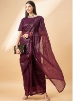 Topnotch Purple Sequins Georgette Contemporary Style Saree