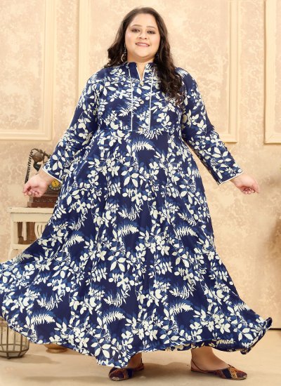 Transcendent Rayon Blue Printed Designer Gown