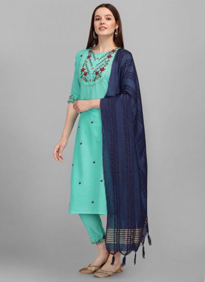 Trendy Salwar Suit Embroidered Cotton in Turquoise