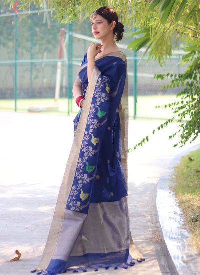 Trendy Saree Woven Cotton Silk in Blue