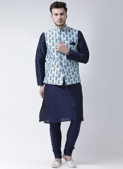 Turquoise Dupion Silk Printed Nehru Jackets