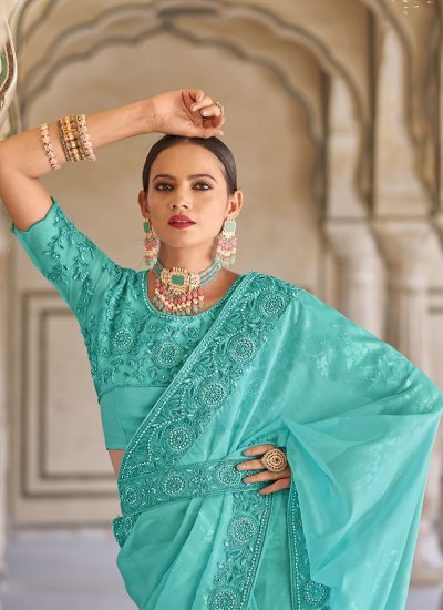 Turquoise Embroidered Engagement Saree