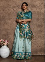 Turquoise Silk Floral Print Trendy Saree